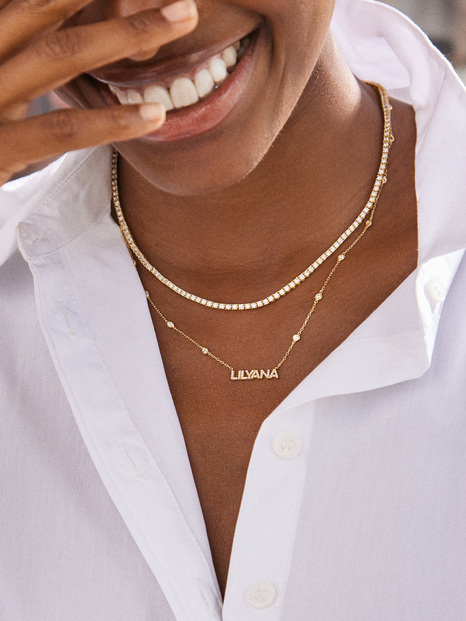 Yasmine 18K Gold Custom Nameplate Necklace - Gold/Pav?? - Image 2