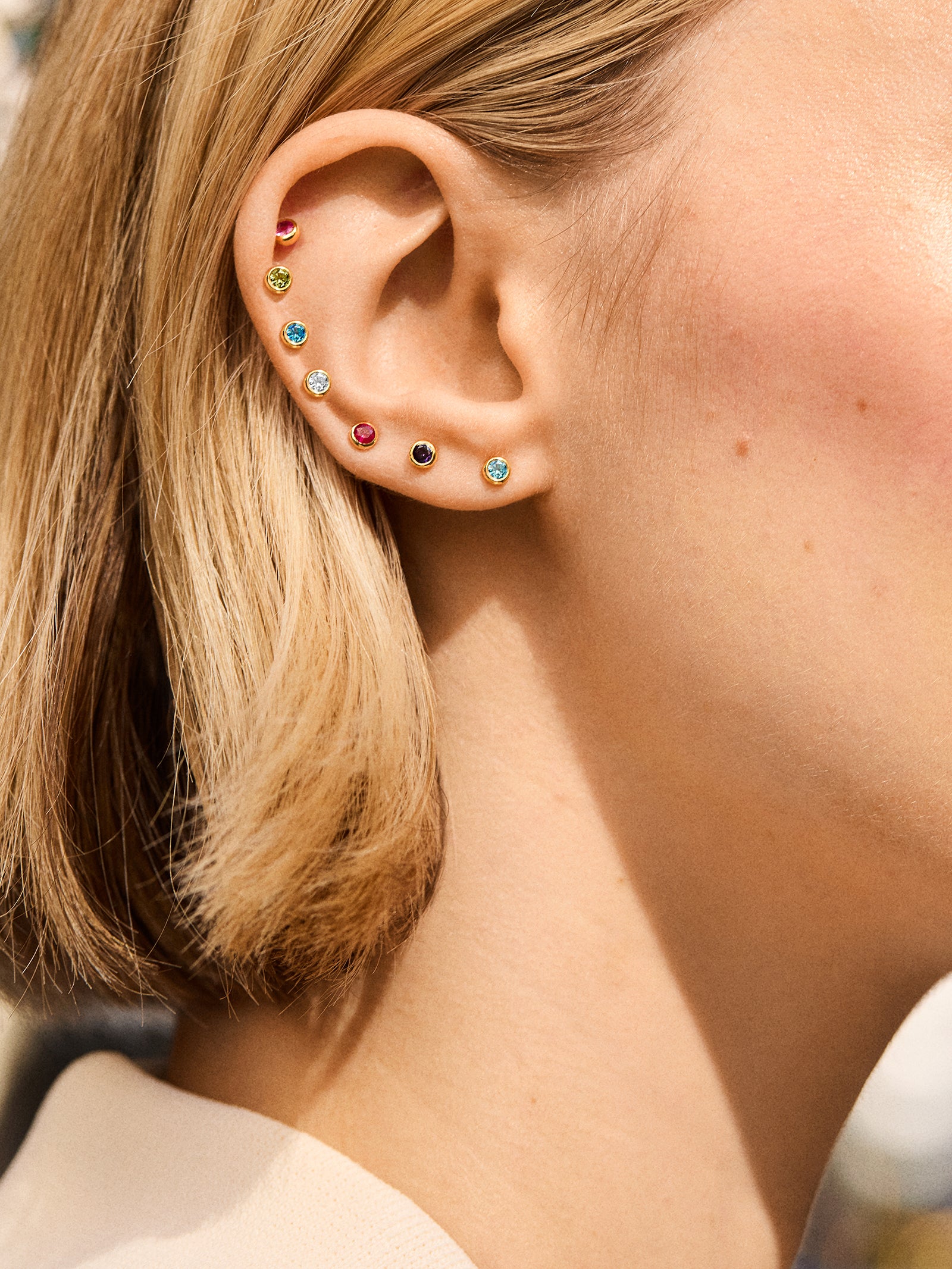 18K Gold Birthstone Stud Earrings - Blue Zircon - Image 2