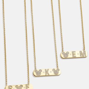 Mickey Mouse 18K Gold & Cubic Zirconia Initial Bar Necklace - Gold/Pavé