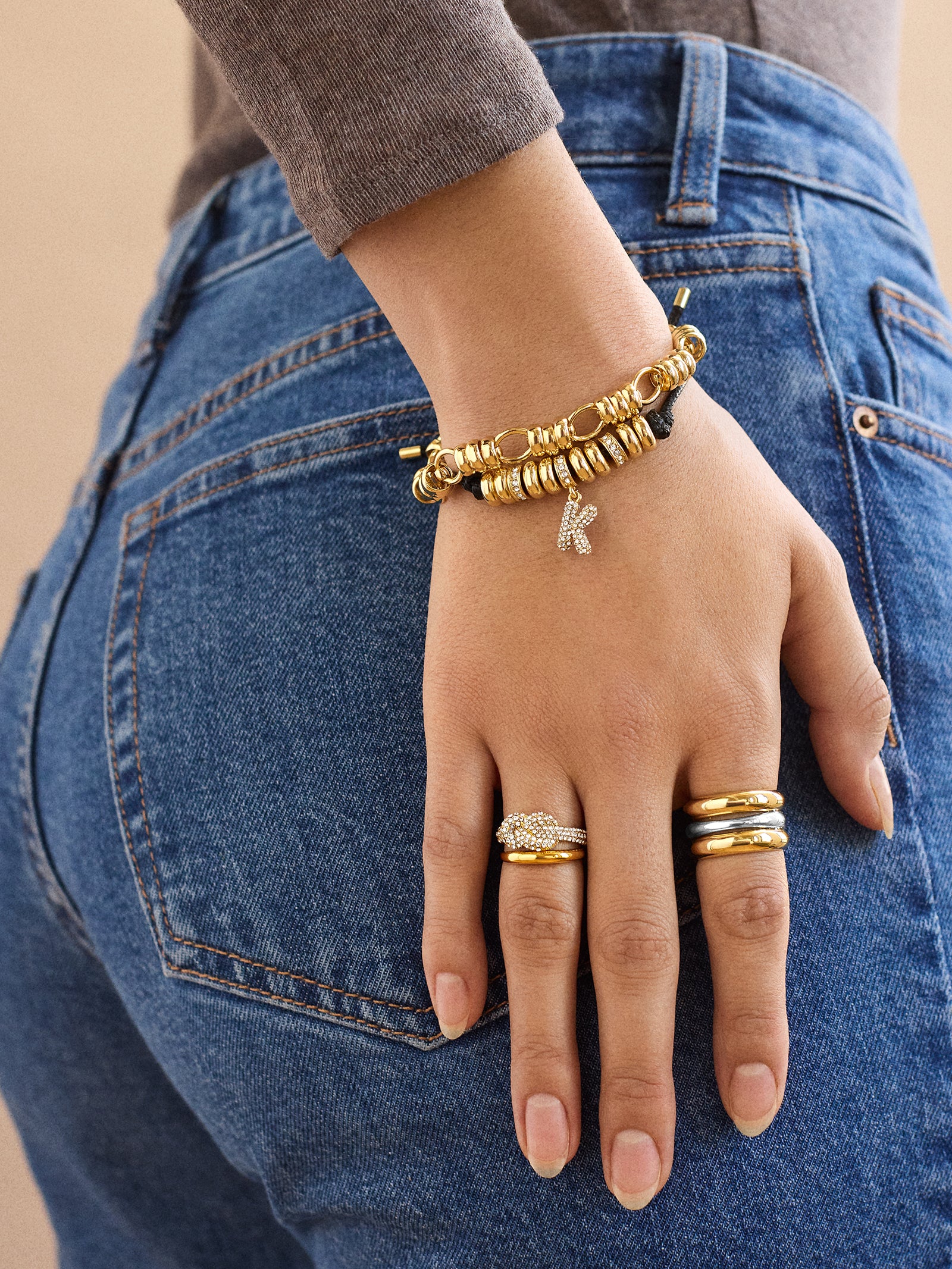 Natisha Initial Pull-Tie Bracelet - Gold/Black - Image 2