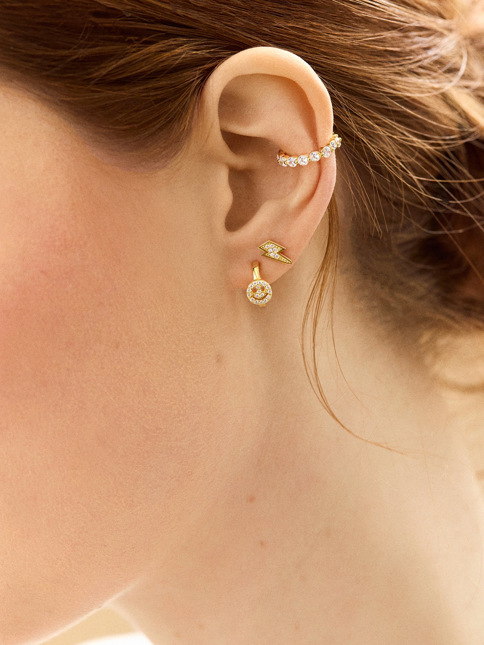 18K Gold Smiley Delicate Hoop Earrings - Pav?? Smiley Face - Image 2