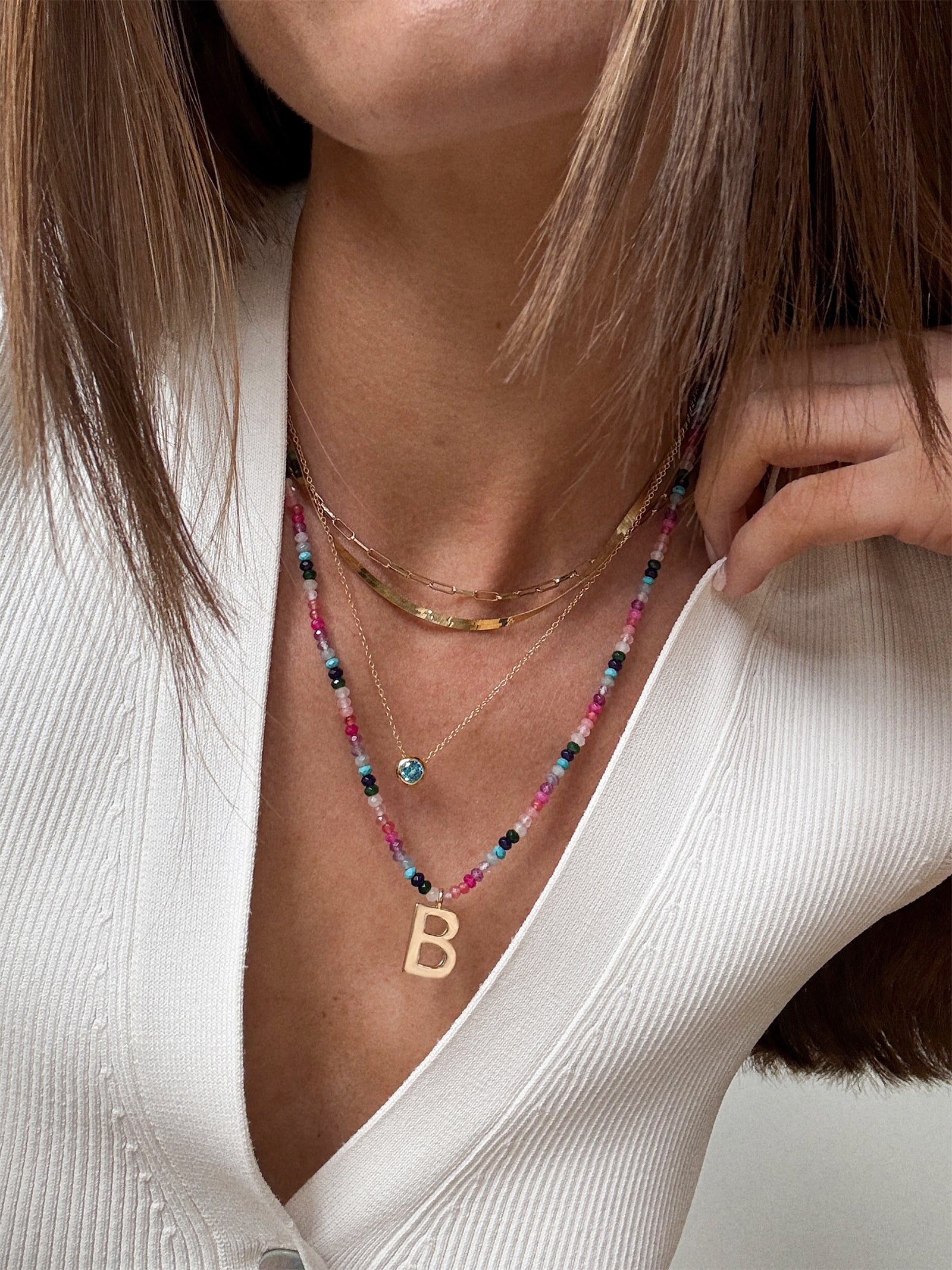 Semi-Precious Block Initial Necklace - Dark Multi - Image 30