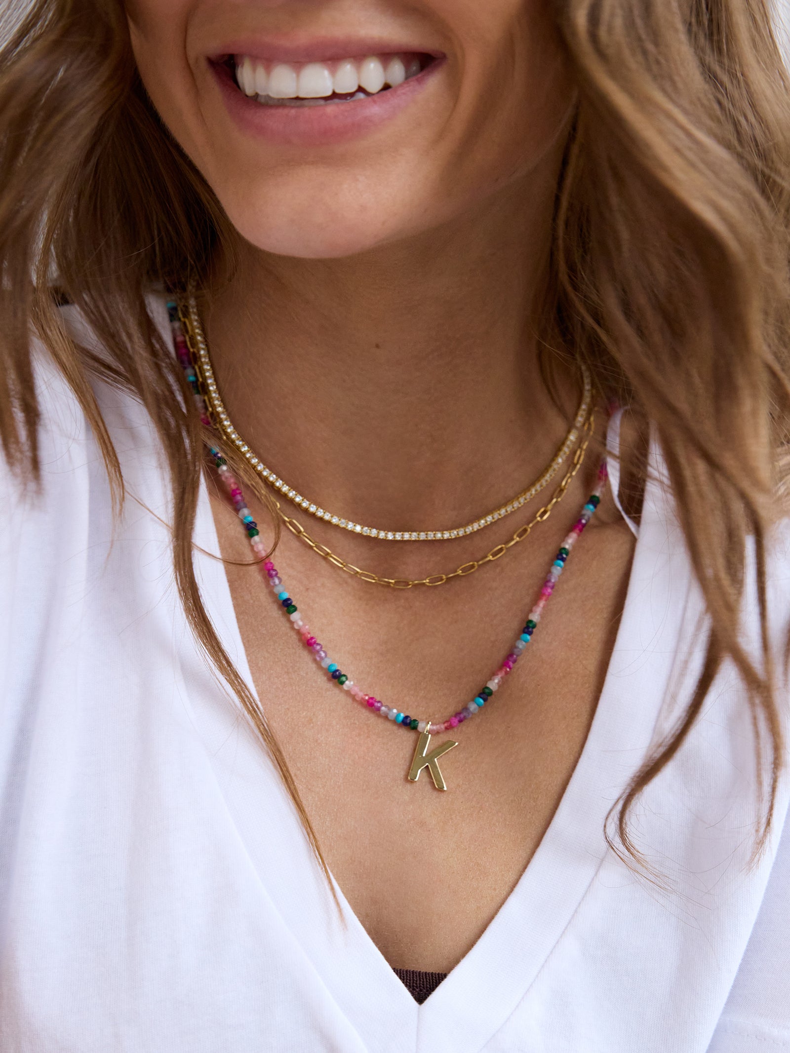 Semi-Precious Block Initial Necklace - Dark Multi - Image 2