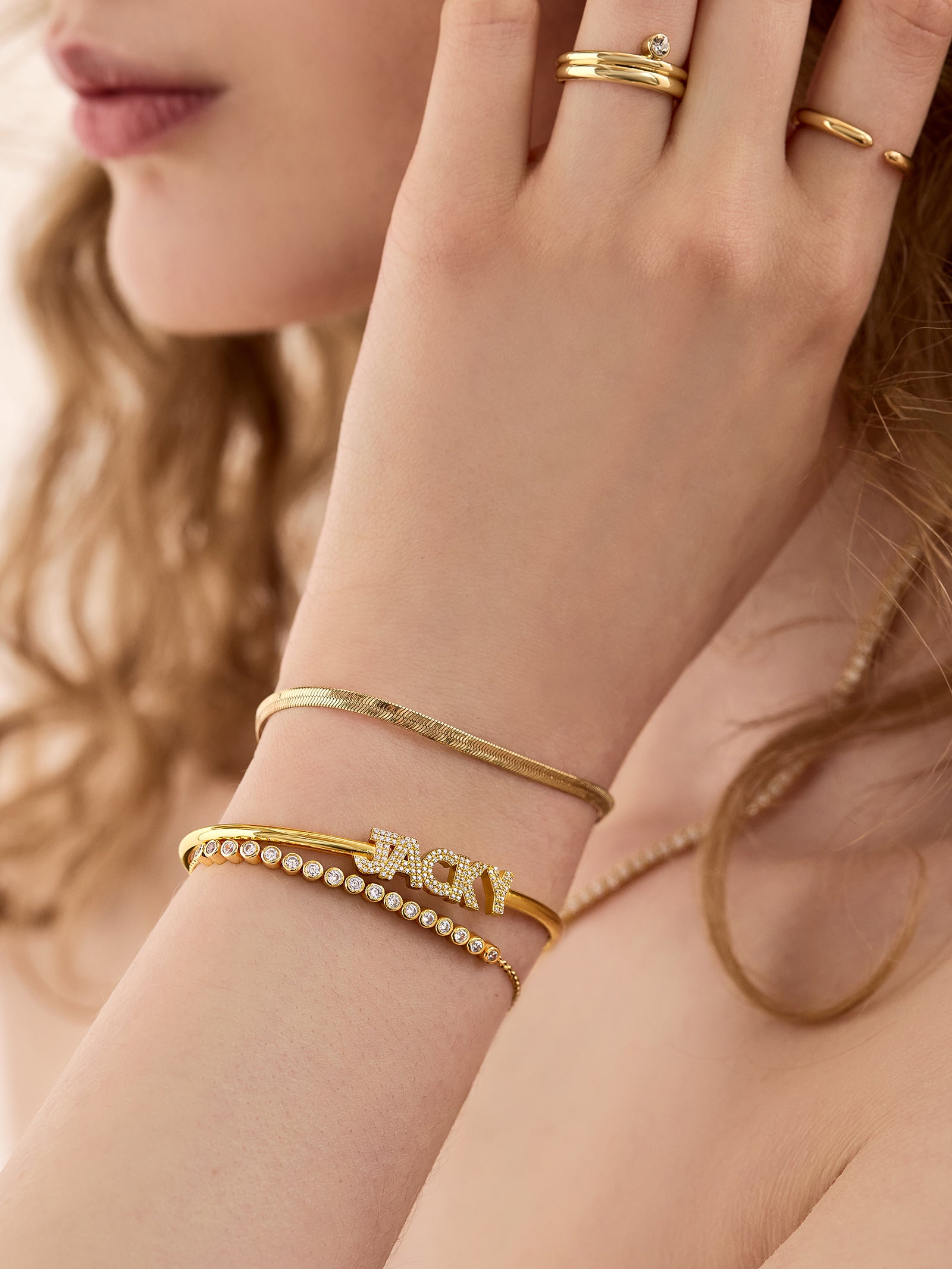 Pav?? Letter Custom Cuff Bracelet - Gold/Pav?? - Image 2