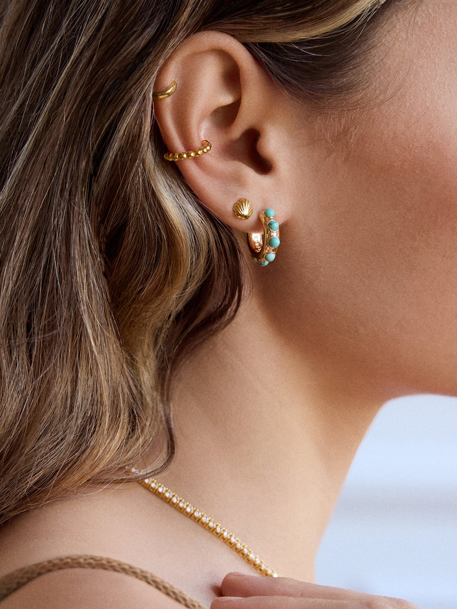 Mariana Semi-Precious Huggie Earrings - Gold/Turquoise - Image 2