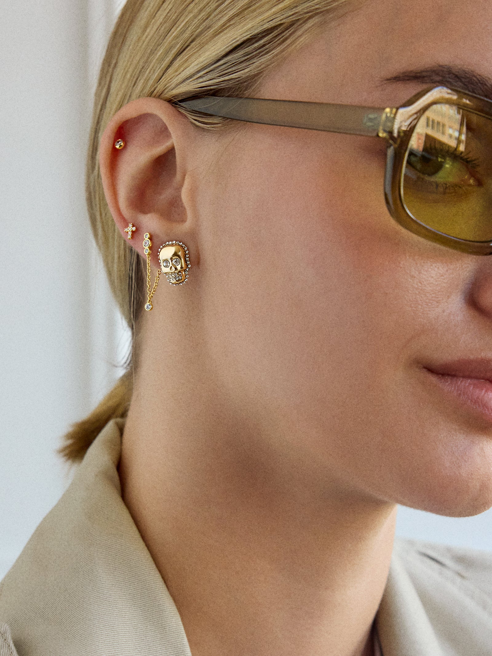 Gold and Pav?? Skull Stud Earrings - Skull - Image 2