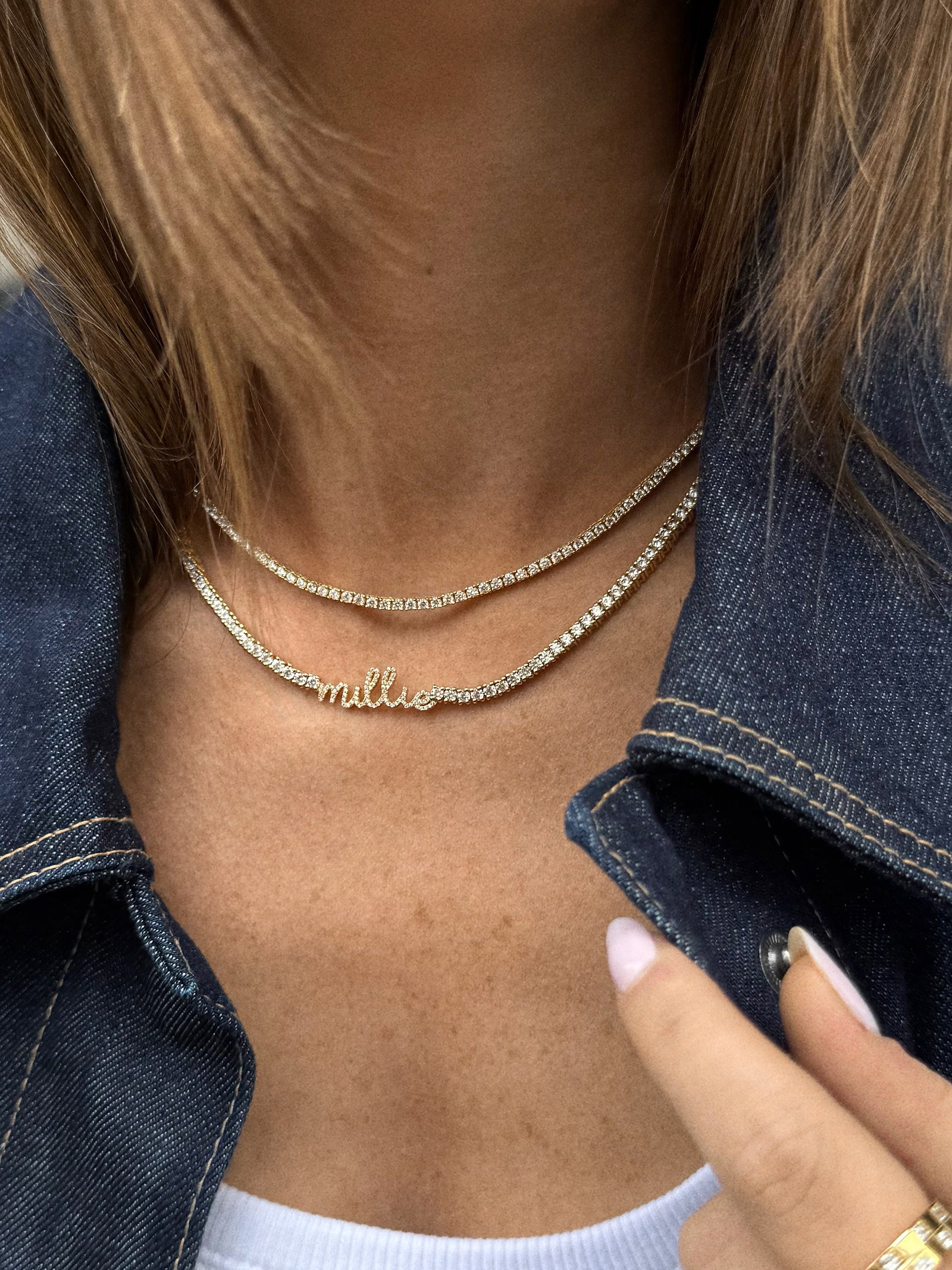 Billie 18K Gold Tennis Custom Nameplate Necklace - Mini Script - Image 2
